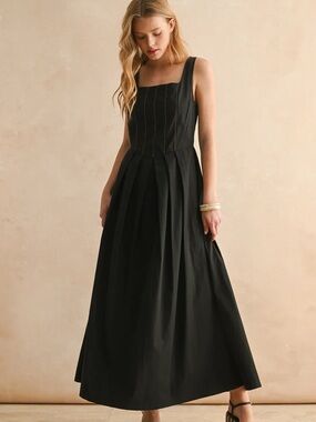 Classic Black Square-Neck Midi Dress